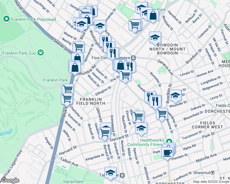 map of restaurants, bars, coffee shops, grocery stores, and more near 35 Norwell Street in Boston