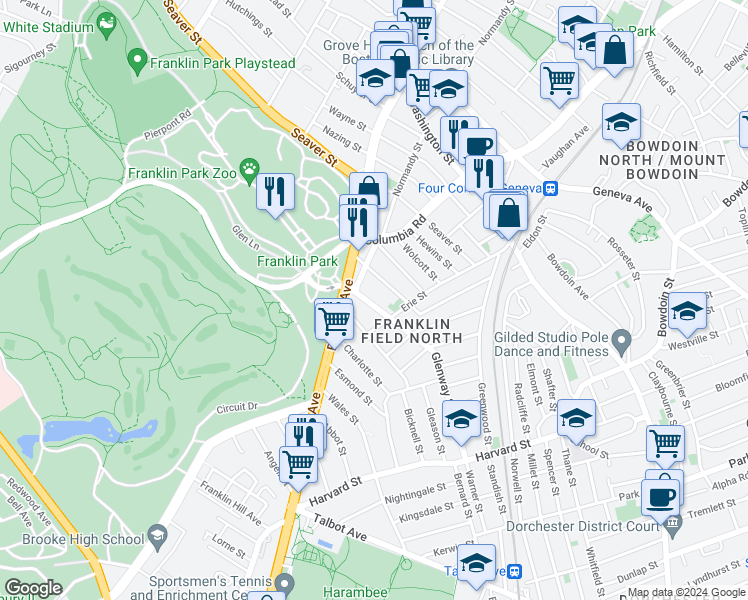 map of restaurants, bars, coffee shops, grocery stores, and more near 8 Glenway Street in Boston