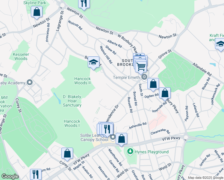 map of restaurants, bars, coffee shops, grocery stores, and more near 271 Beverly Road in Brookline