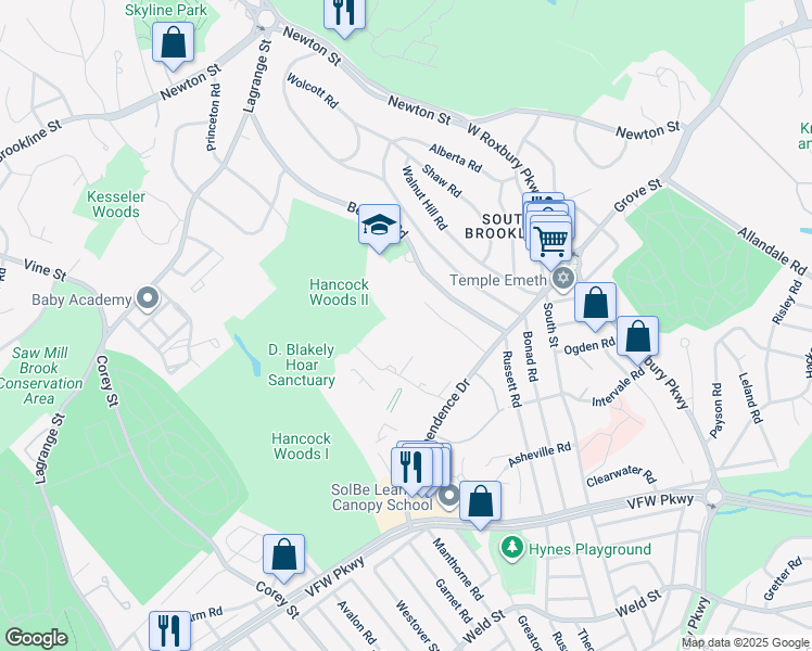 map of restaurants, bars, coffee shops, grocery stores, and more near 178 Gerry Road in Brookline