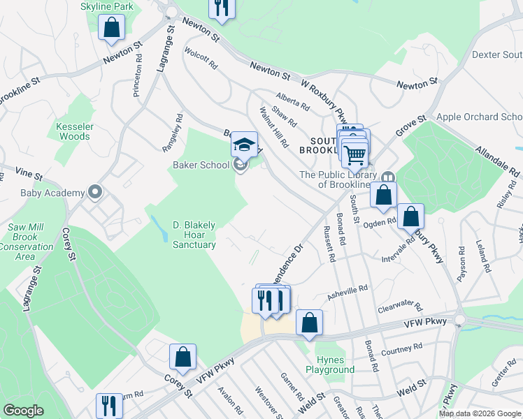 map of restaurants, bars, coffee shops, grocery stores, and more near 178 Gerry Road in Brookline