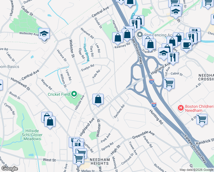 map of restaurants, bars, coffee shops, grocery stores, and more near 235 Gould Street in Needham