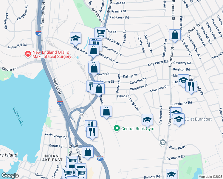 map of restaurants, bars, coffee shops, grocery stores, and more near 18 Watson Avenue in Worcester