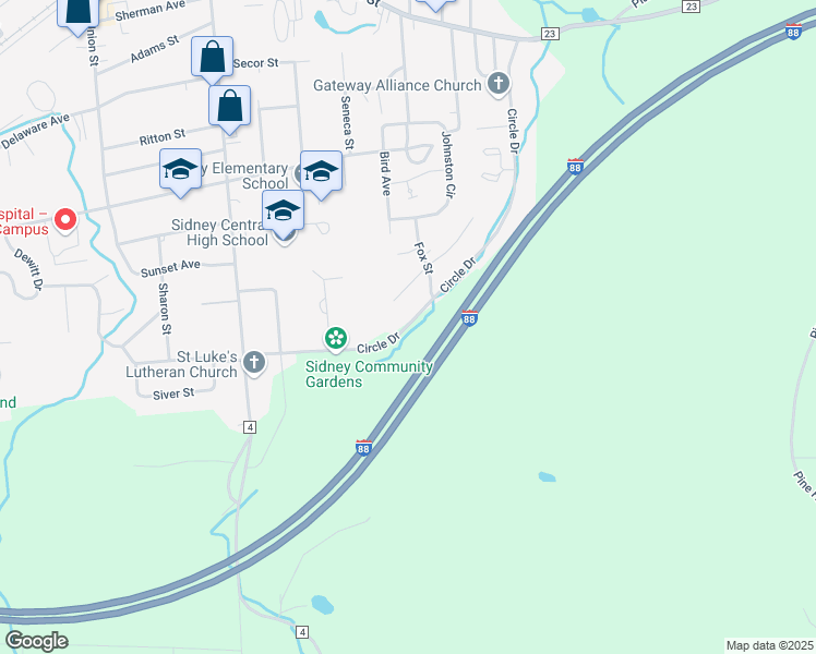 map of restaurants, bars, coffee shops, grocery stores, and more near 220 Fox Street in Sidney
