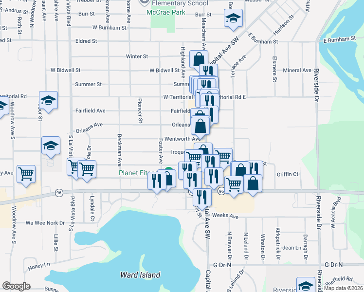 map of restaurants, bars, coffee shops, grocery stores, and more near 198 Highland Avenue in Battle Creek