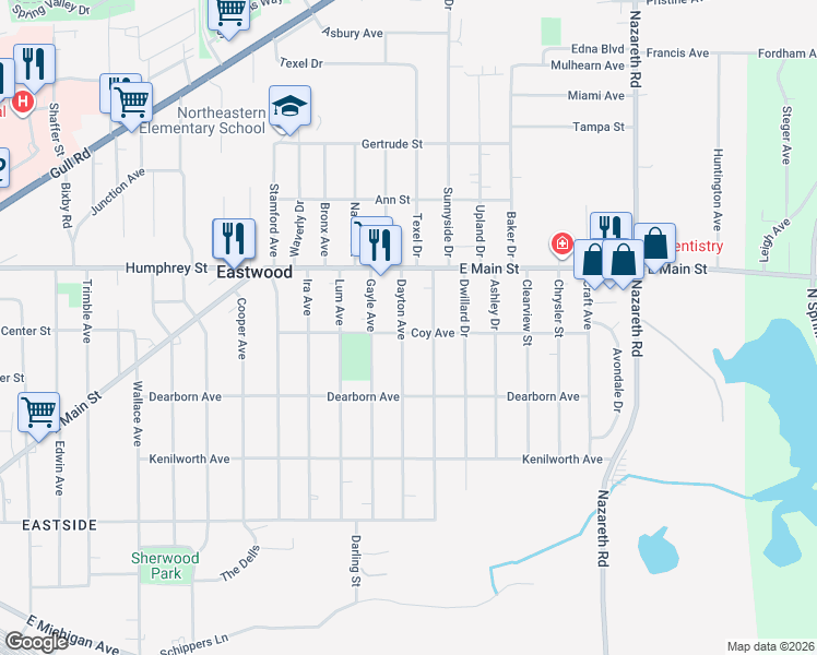 map of restaurants, bars, coffee shops, grocery stores, and more near 1006 Dayton Avenue in Kalamazoo