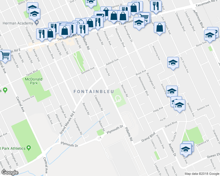 map of restaurants, bars, coffee shops, grocery stores, and more near 2600 Pillette Road in Windsor