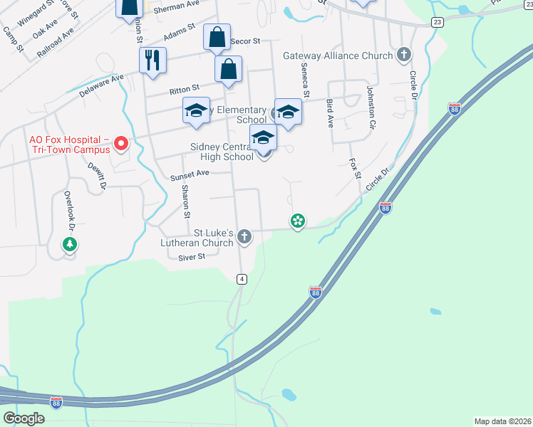 map of restaurants, bars, coffee shops, grocery stores, and more near 17 Manatee Avenue in Sidney