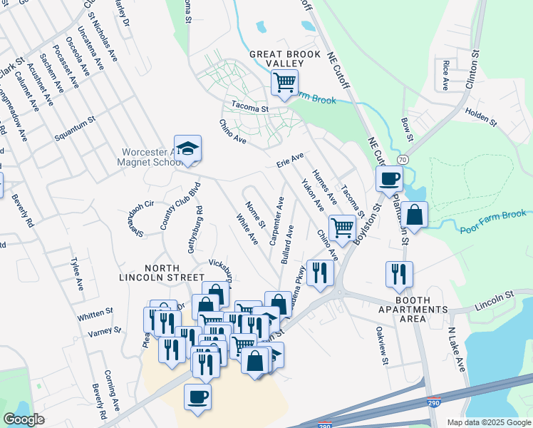 map of restaurants, bars, coffee shops, grocery stores, and more near 5 Miami Street in Worcester