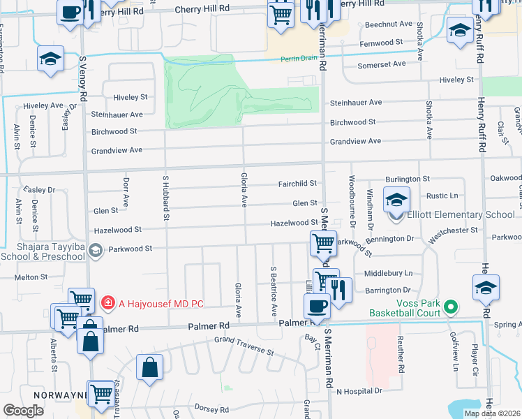map of restaurants, bars, coffee shops, grocery stores, and more near 31751 Glen Street in Westland