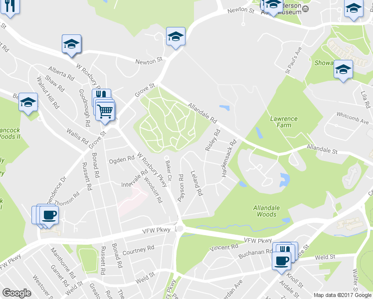 map of restaurants, bars, coffee shops, grocery stores, and more near 75 Payson Road in Brookline