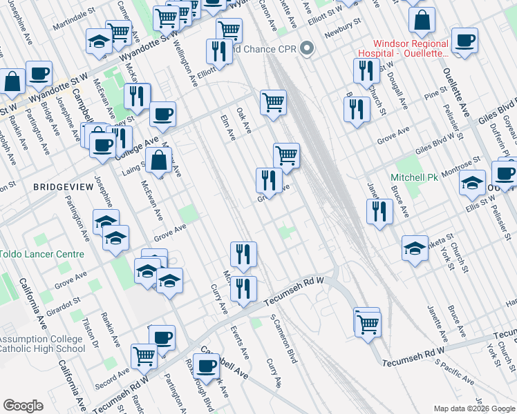 map of restaurants, bars, coffee shops, grocery stores, and more near 1156 Wellington Avenue in Windsor