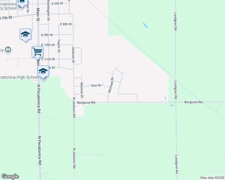 map of restaurants, bars, coffee shops, grocery stores, and more near 1420 Michael Drive in Pecatonica