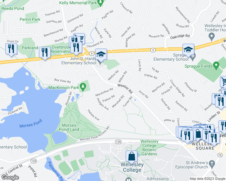 map of restaurants, bars, coffee shops, grocery stores, and more near 4 Macarthur Road in Wellesley