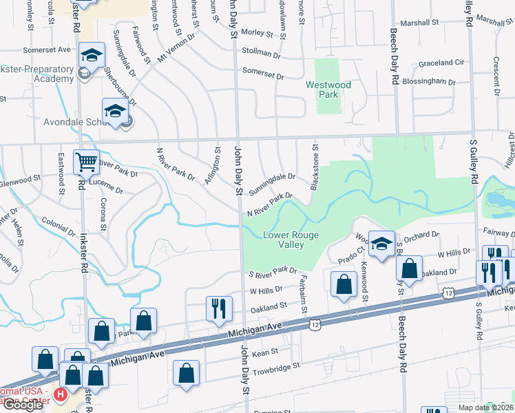 map of restaurants, bars, coffee shops, grocery stores, and more near 26558 North River Park Drive in Inkster