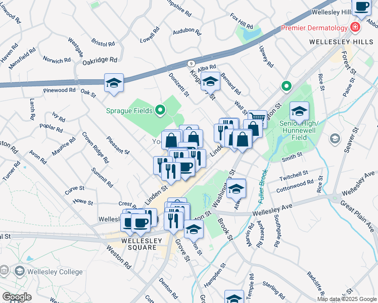 map of restaurants, bars, coffee shops, grocery stores, and more near 181 Linden Street in Wellesley
