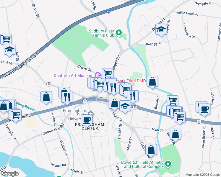 map of restaurants, bars, coffee shops, grocery stores, and more near 37 Edgell Road in Framingham