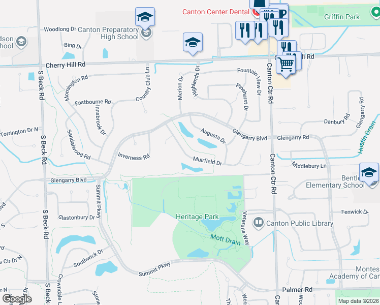 map of restaurants, bars, coffee shops, grocery stores, and more near 45507 Muirfield Drive in Canton