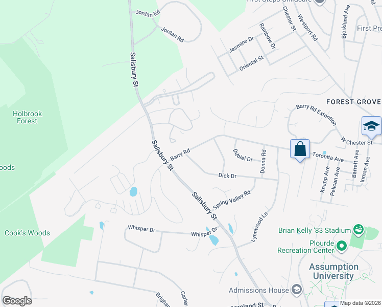map of restaurants, bars, coffee shops, grocery stores, and more near 6 Barry Road in Worcester