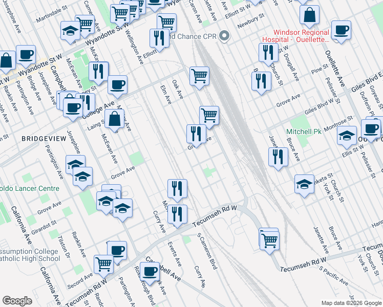 map of restaurants, bars, coffee shops, grocery stores, and more near 1165 Elm Avenue in Windsor
