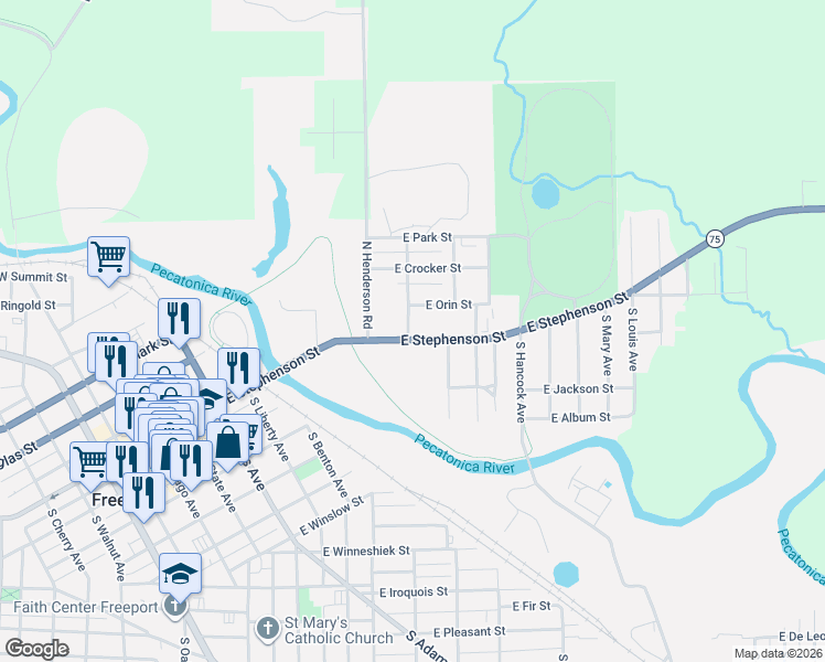 map of restaurants, bars, coffee shops, grocery stores, and more near 602-608 East Stephenson Street in Freeport
