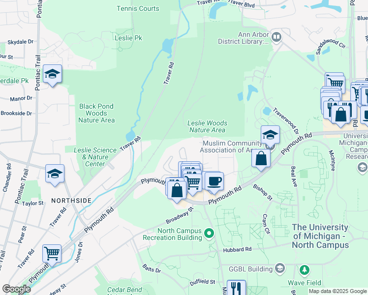 map of restaurants, bars, coffee shops, grocery stores, and more near 1943 Pointe Lane in Ann Arbor