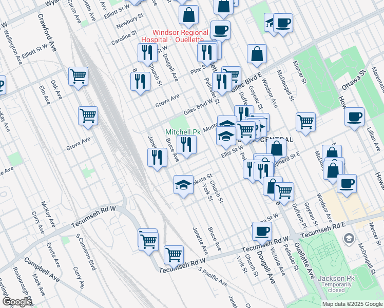 map of restaurants, bars, coffee shops, grocery stores, and more near 1355 Church Street in Windsor