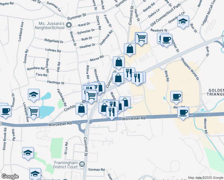 map of restaurants, bars, coffee shops, grocery stores, and more near 199 Cochituate Road in Framingham