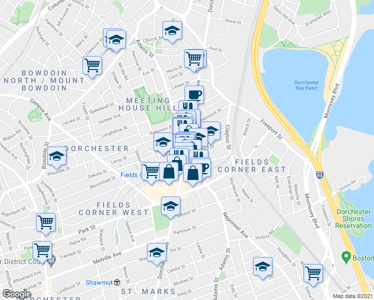 map of restaurants, bars, coffee shops, grocery stores, and more near Adams St & Dorchester Ave in Boston