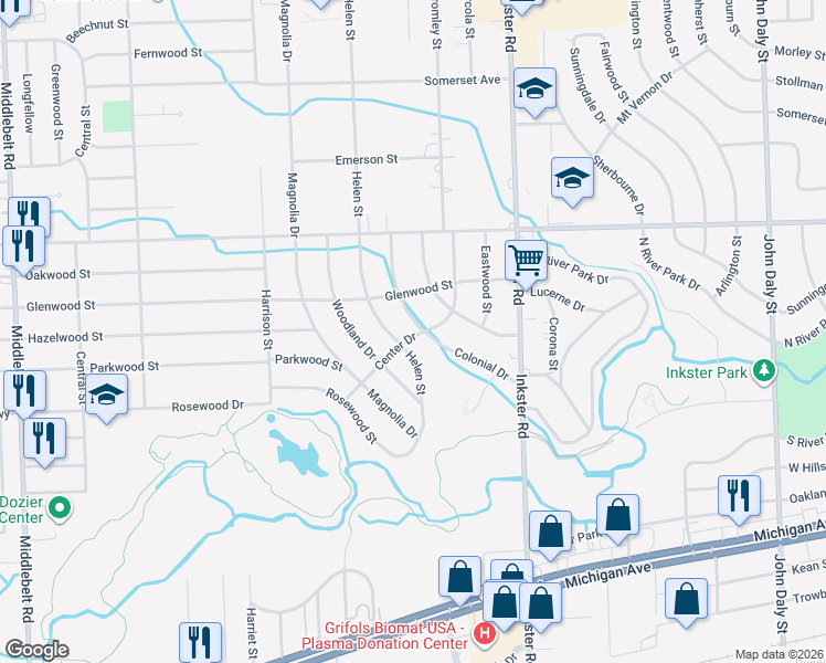 map of restaurants, bars, coffee shops, grocery stores, and more near 1292 Colonial Dr in Inkster