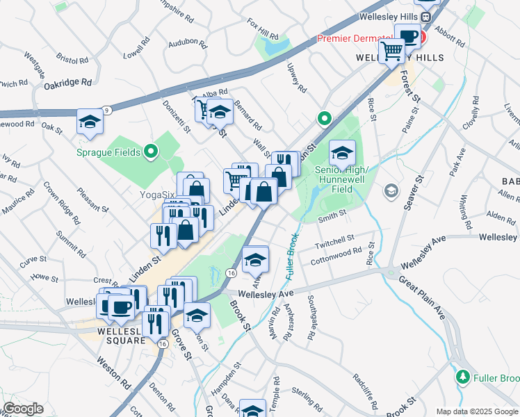 map of restaurants, bars, coffee shops, grocery stores, and more near 467 Washington Street in Wellesley
