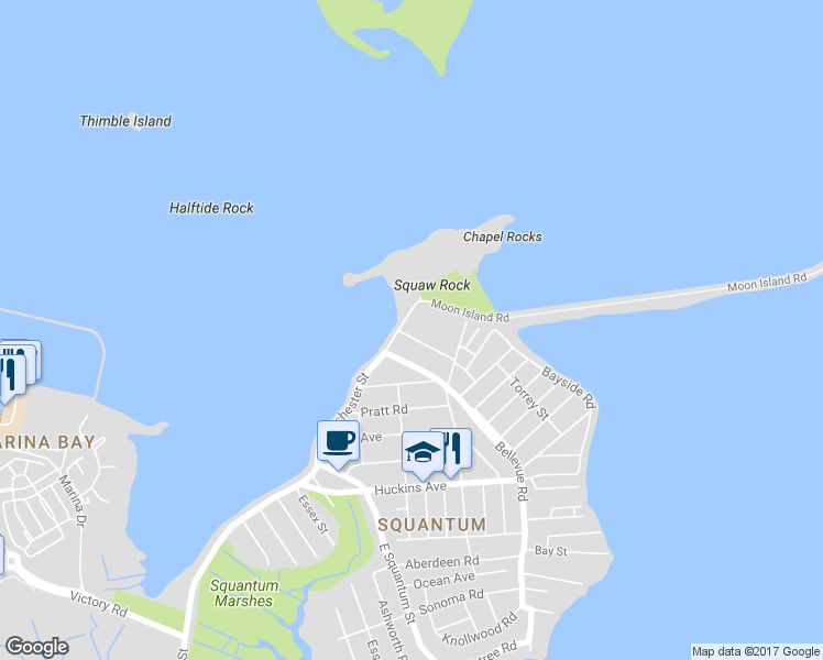 map of restaurants, bars, coffee shops, grocery stores, and more near 10 Shoreham Street in Quincy