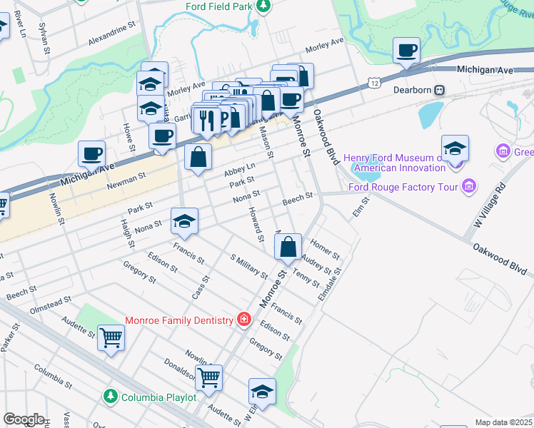 map of restaurants, bars, coffee shops, grocery stores, and more near 22163 Beech Street in Dearborn