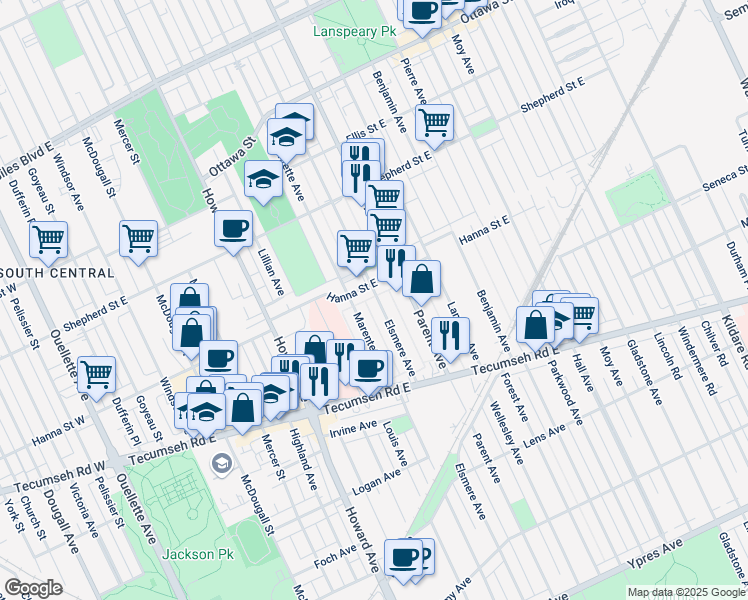 map of restaurants, bars, coffee shops, grocery stores, and more near 1627 Elsmere Avenue in Windsor