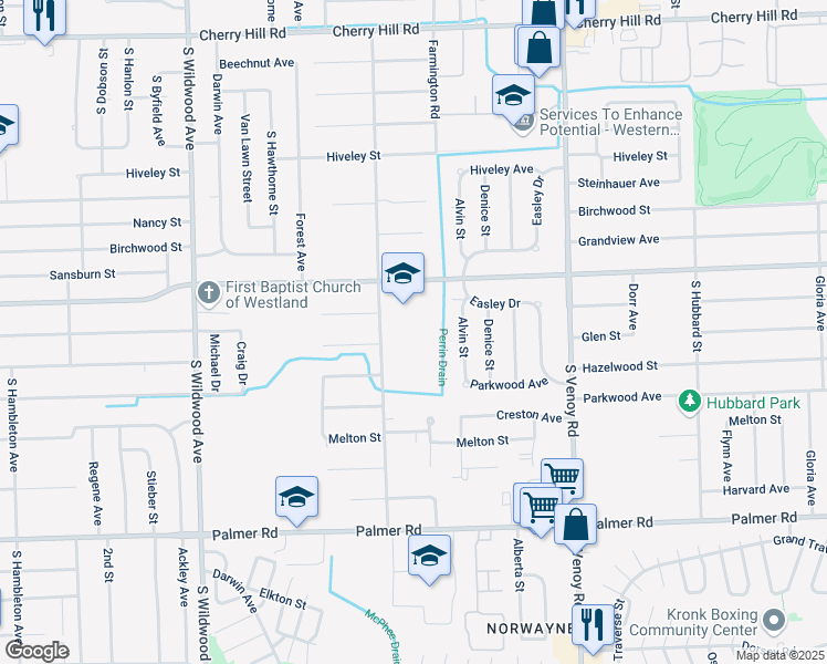 map of restaurants, bars, coffee shops, grocery stores, and more near 1031 South Schuman Street in Westland