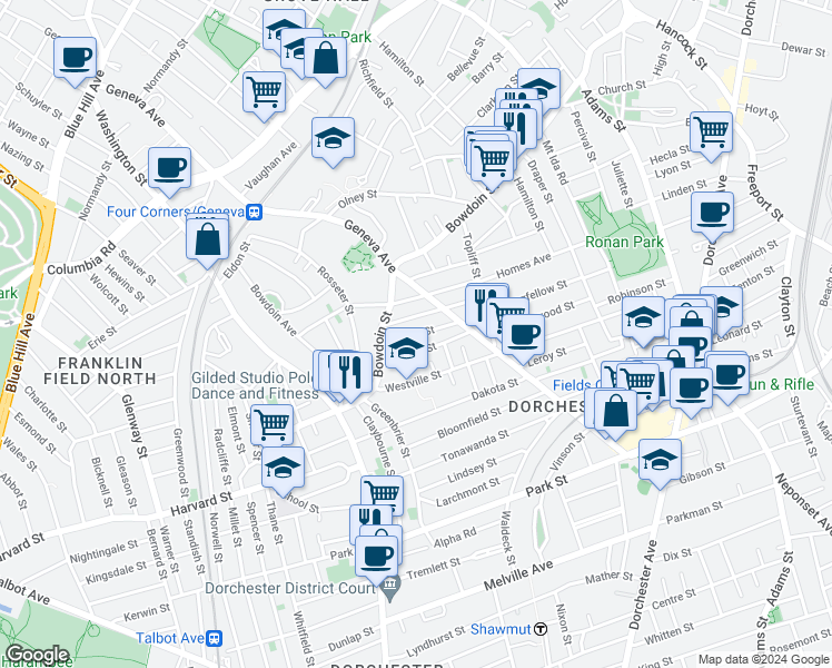 map of restaurants, bars, coffee shops, grocery stores, and more near Oakley Street in Boston