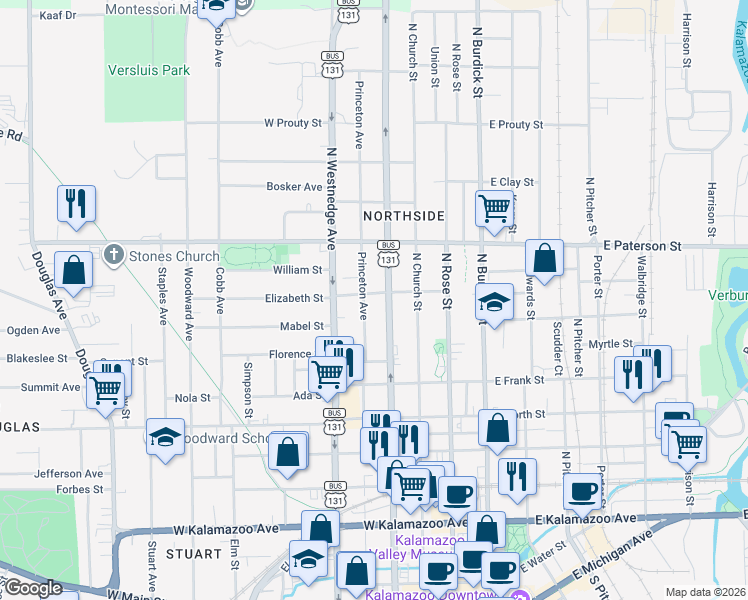 map of restaurants, bars, coffee shops, grocery stores, and more near 419 Norway Avenue in Kalamazoo