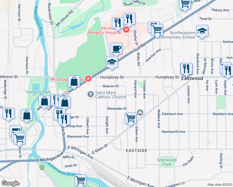 map of restaurants, bars, coffee shops, grocery stores, and more near 1507 Center Street in Kalamazoo
