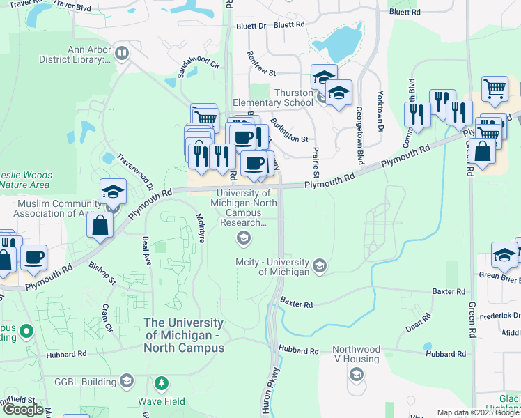 map of restaurants, bars, coffee shops, grocery stores, and more near 2800 Plymouth Road in Ann Arbor