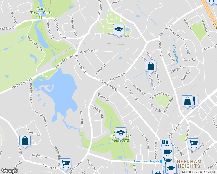 map of restaurants, bars, coffee shops, grocery stores, and more near 169 Hunnewell Street in Needham