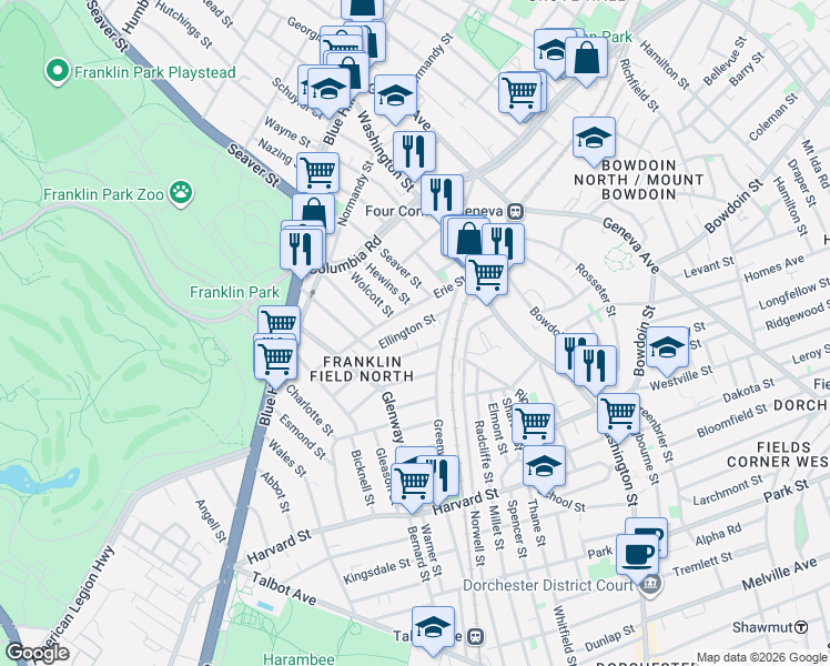map of restaurants, bars, coffee shops, grocery stores, and more near 109 Ellington Street in Boston