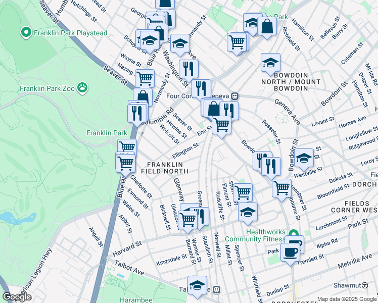 map of restaurants, bars, coffee shops, grocery stores, and more near 109 Ellington Street in Boston