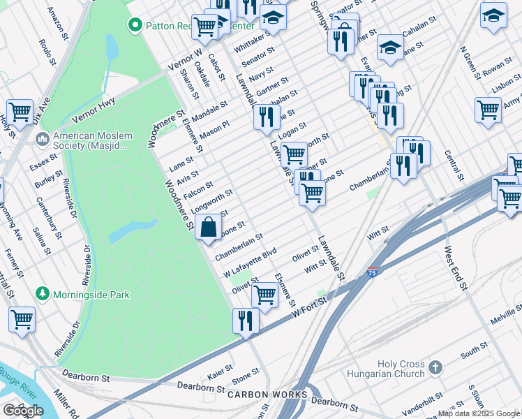 map of restaurants, bars, coffee shops, grocery stores, and more near 8834 Rathbone Street in Detroit