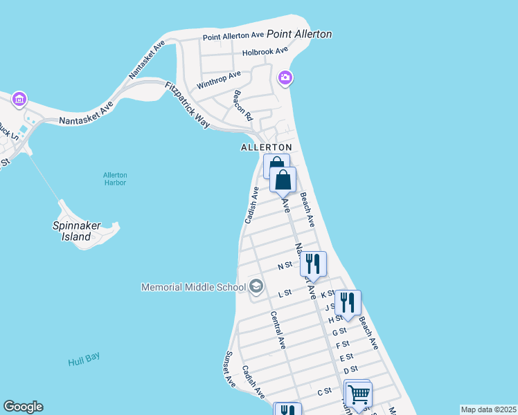map of restaurants, bars, coffee shops, grocery stores, and more near 6 S Street in Hull