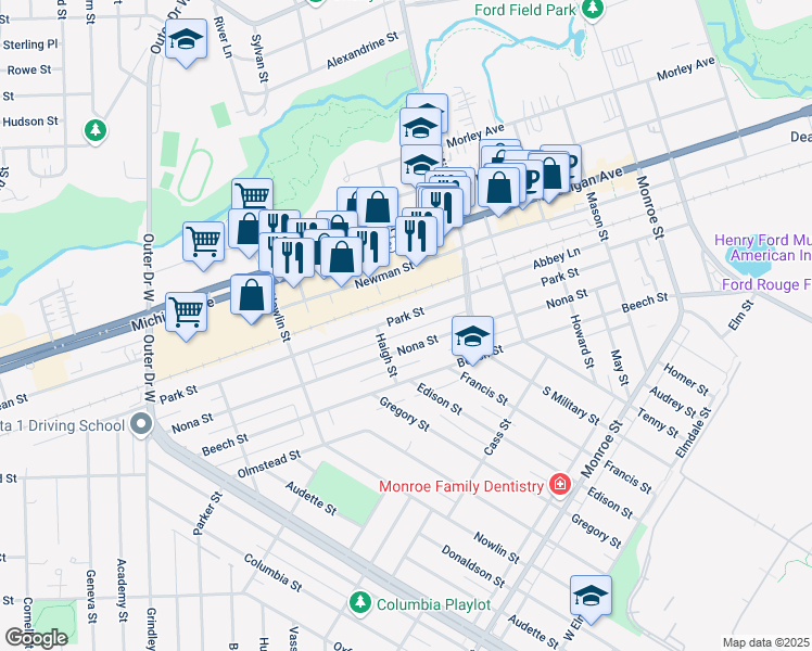map of restaurants, bars, coffee shops, grocery stores, and more near 22631 Park Street in Dearborn
