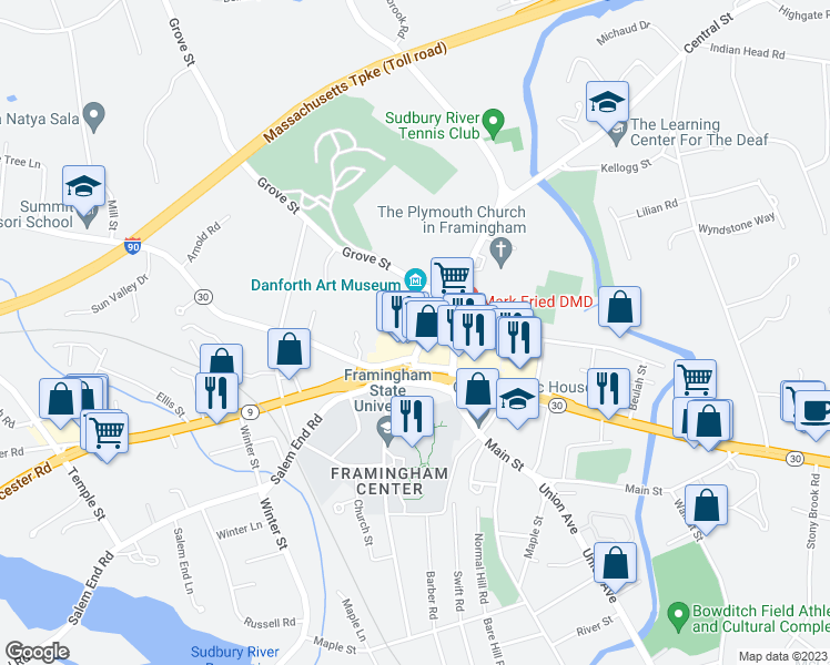 map of restaurants, bars, coffee shops, grocery stores, and more near 6 Vernon Street in Framingham