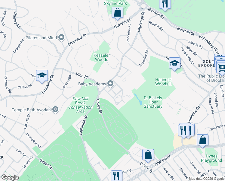 map of restaurants, bars, coffee shops, grocery stores, and more near 48 Bryon Road in Newton