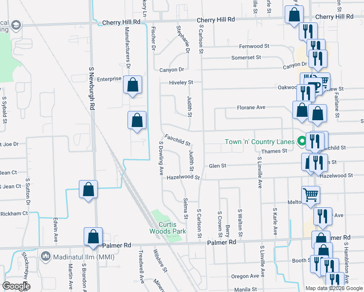 map of restaurants, bars, coffee shops, grocery stores, and more near 36527 Fairchild St in Westland