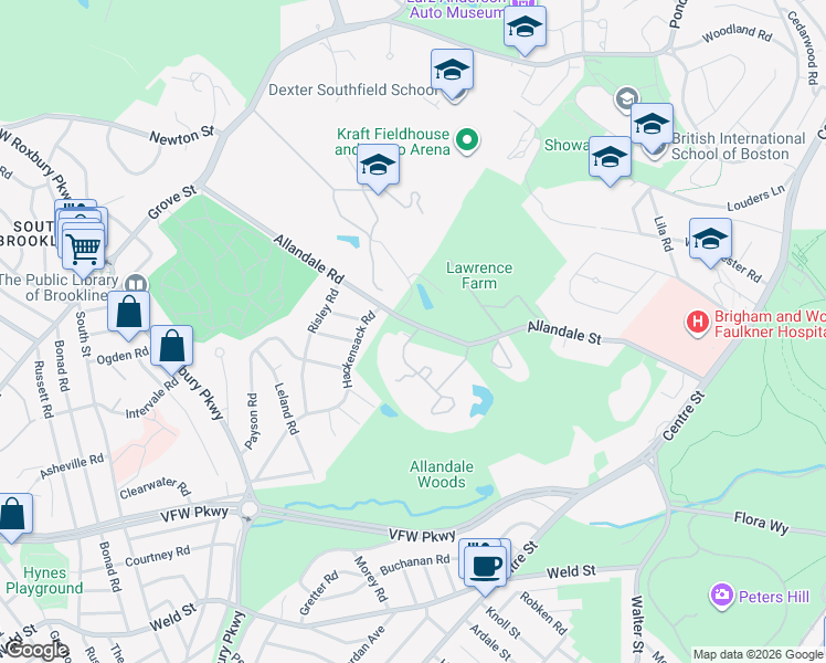 map of restaurants, bars, coffee shops, grocery stores, and more near 220 Allandale Road in Boston