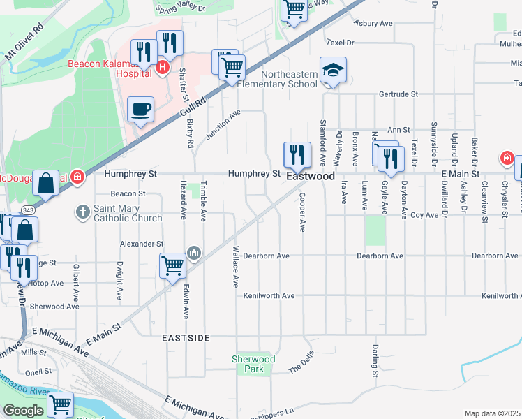 map of restaurants, bars, coffee shops, grocery stores, and more near 2109 East Main Street in Kalamazoo